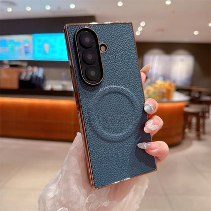 Lichee Pattern Leather Magnetic Case For Samsung Galaxy Z Fold 7 6 5 4 3 5G For Magsafe Phone Protection Hard Cover Shockproof