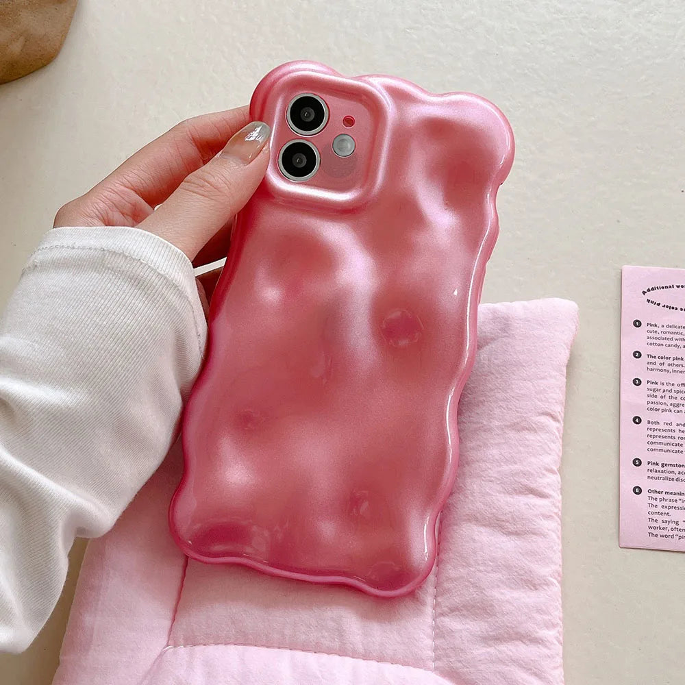 Korean Glossy 3D Meteorite Texture Macaron Solid Color Case For iPhone 14 Pro 13 12 Pro 11 Pro Max Wave Phone Shockproof Shell