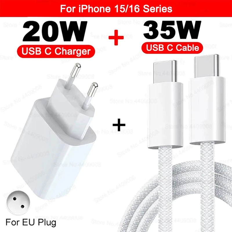US EU Adapter 20W PD Fast Charger For iPhone 13 12 11 14 15 16 Pro Max Plus Fast Charging USB C Charger Type C Cable Accessories