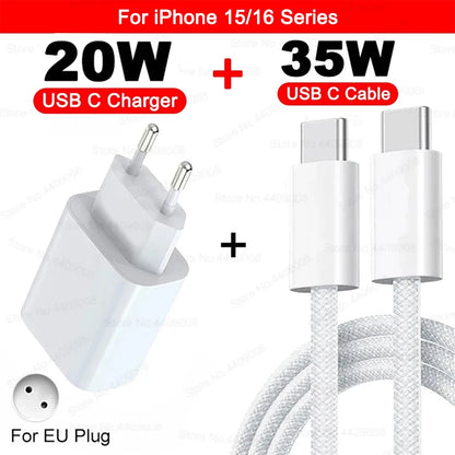 US EU Adapter 20W PD Fast Charger For iPhone 13 12 11 14 15 16 Pro Max Plus Fast Charging USB C Charger Type C Cable Accessories