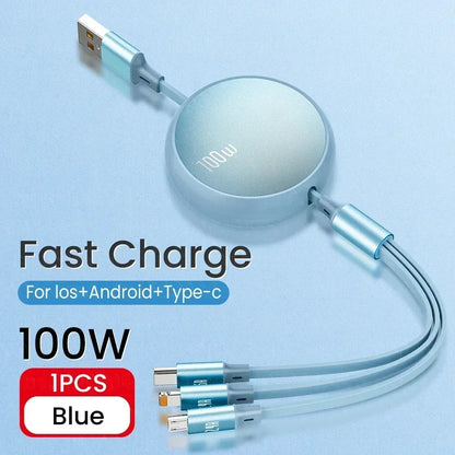 6A 100w  Data Cable 3 in1 Fast USB Cable Retractable Portable Charging Line Micro USB Type C Charger Cable For Iphine/Samsung