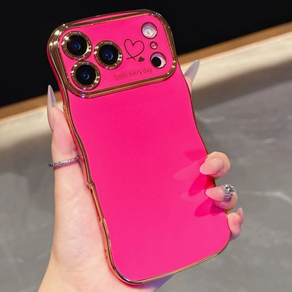 Luxury Plating Love Heart Wavy Border Phone Case For iPhone 17 16 15 14 13 12 11 Pro Max Plus 16E Air Shockproof Bumper Cover