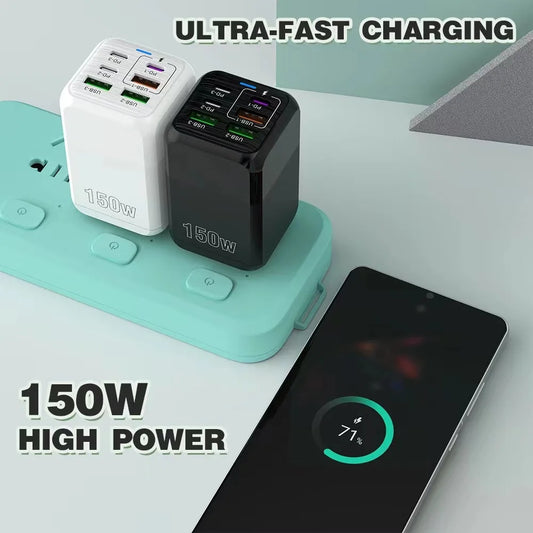 New 150W Fast Charger Mobile Phone Wall Adapter 3Type-C+3USB Multi Port Adapter Super Fast Charging for iPhone Samsung Huawei