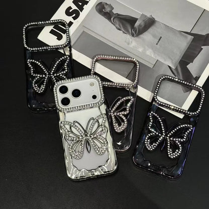 Plating Butterfly Hollow Glitter Diamond Case For iPhone 17 16 15 14 13 Pro Max Plus Bling Sparkling Rhinestone Shockproof Cover