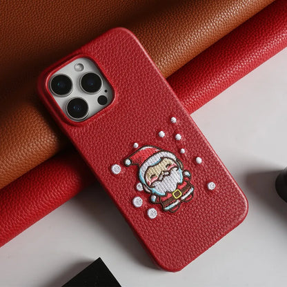 Christmas Santa Claus Embroidered Genuine Leather Phone Case For iphone 16 Pro Max 15 14 13 12 11 Coque Shockproof Funda Carcasa