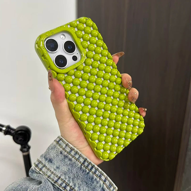 Fashion Green Pearl Round Bead Hollow Out Phone Case For iPhone 16 15 13 14 Pro Max Soft TPU Heat Dissipation Back Cover
