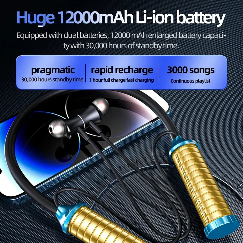 12000mAh 30000Hours Playback Wireless Bluetooth Earphones Magnetic Sports Running Headset Neckband Sport Earbuds Noise Reduction