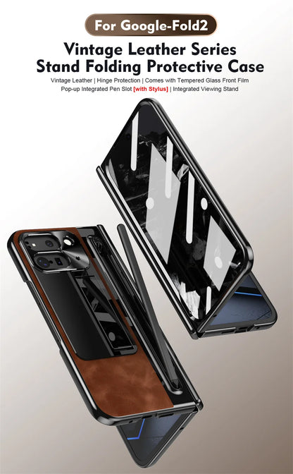 Folding Screen Luxury Retro Leather Phone Case For Google Pixel 9pro Tempered Glass Front Film Pen Slot Phone Cover