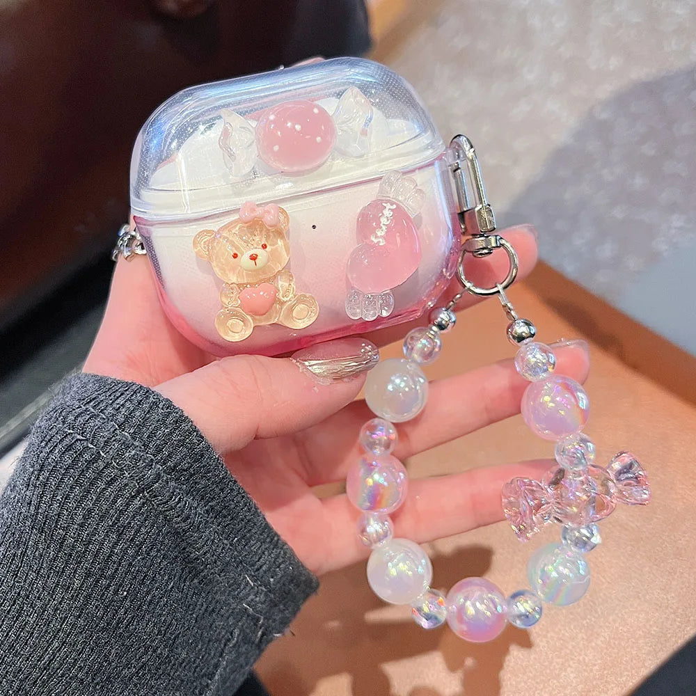 Korean Bow Flower Heart Clear Case For Samsung Galaxy Buds 2 Pro Live FE Buds 3 Pro Earphone Cover Soft Transparent with Pendant