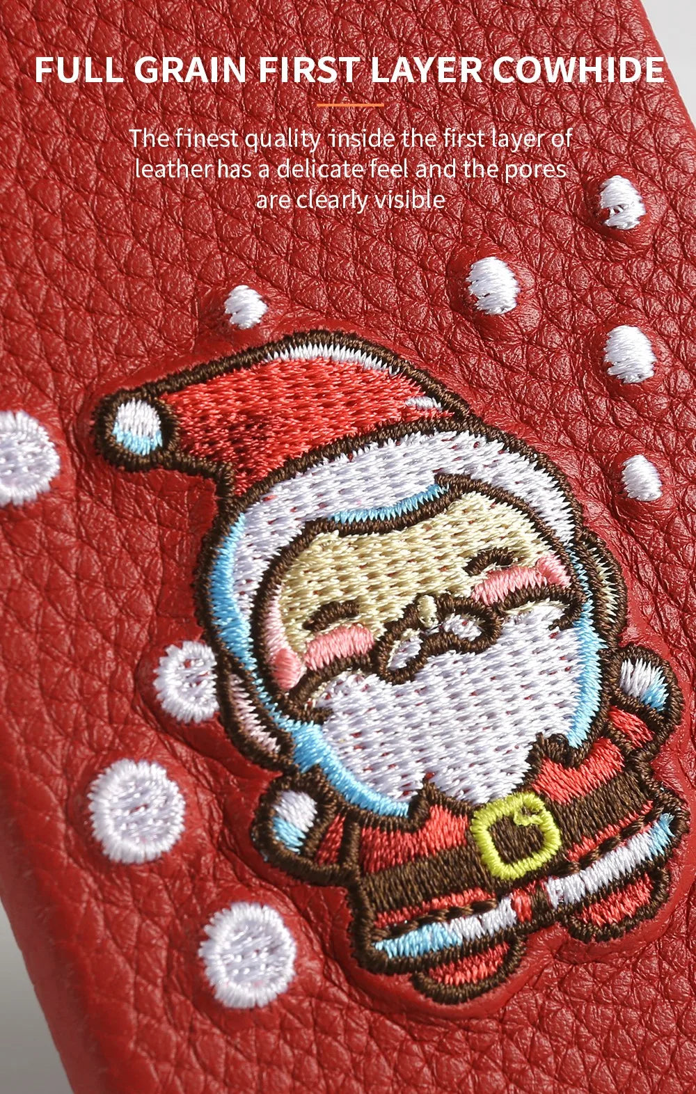 Christmas Santa Claus Embroidered Genuine Leather Phone Case For iphone 16 Pro Max 15 14 13 12 11 Coque Shockproof Funda Carcasa