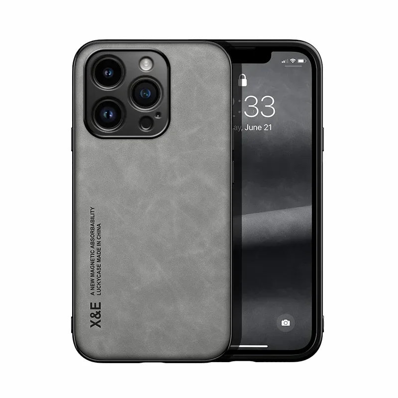Luxury Leather Case For iPhone 16 16e 15 14 13 12 11 Pro Max Plus 12 13 Mini X XS SE 8 7 Cover With Metal Plate Support Car Hold