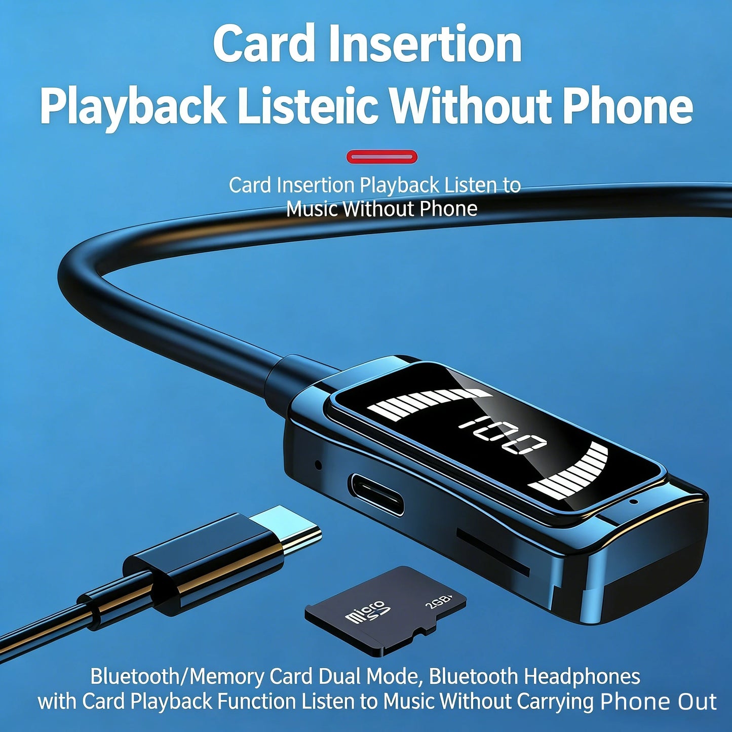 Wireless Bluetooth neckband headphones with digital display function, large-capacity semi-in-ear sports stereo headphones