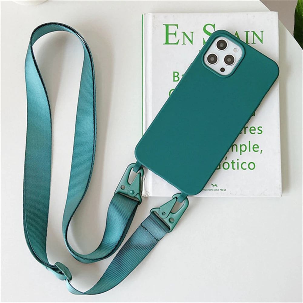 Crossbody Necklace Strap Lanyard Matte Silicone Case For iPhone 17 16 15 14 Pro Max 11 12 13 XR X XS 8 Plus SE Shockproof Cover