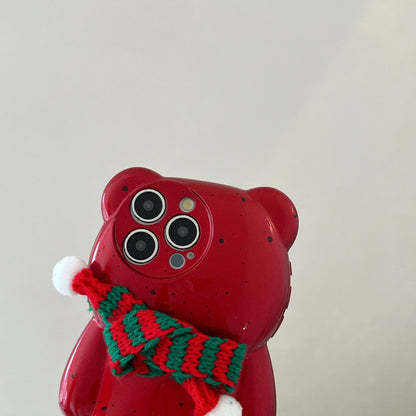 Merry Christmas 3D Cute Bear Shaped Winter Scarf Phone Case for iPhone 12 13 14 15 16 Pro Max Red New Year Soft Cover Xmas Gifts