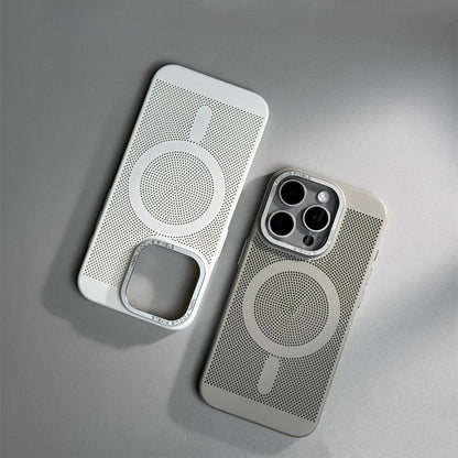 Honeycomb Grid Hole MagSafe Case for iPhone 16 15 Pro Max 14 Alloy Lens Summer Heat Dissipation Magnetic Back Cover PC Shell