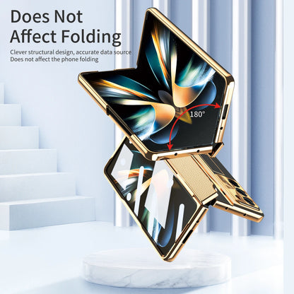 Plating Leather Stand Flat Hinge Protective Case For Samsung Galaxy Z Fold 6 5 4 3 With Front Glass Film Fold5 Protection Cover