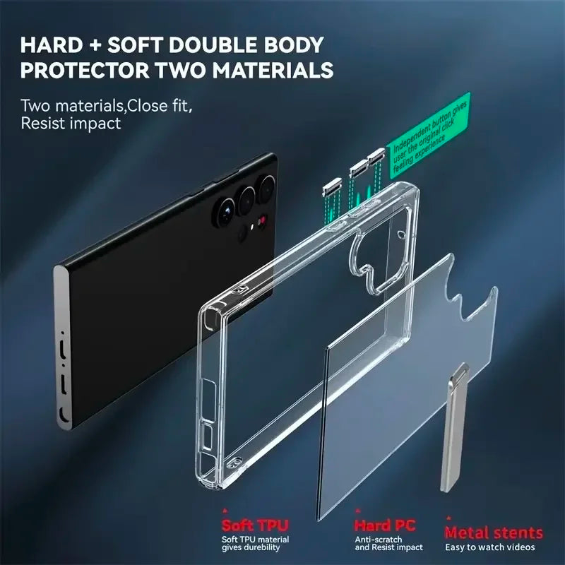 Clear Mobile Phone Case for Samsung Galaxy S25 S23 22 Ultra FE Plus with Metal Kickstand Transparent Stand Cases Slim Back Cover