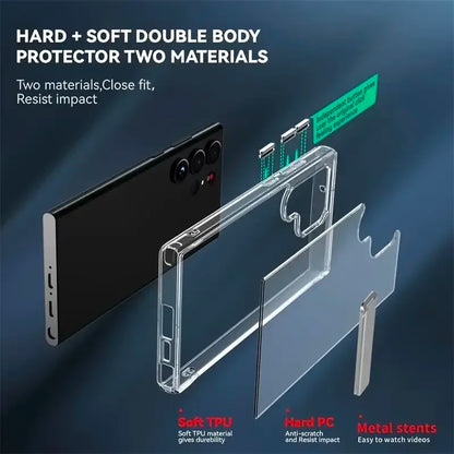 Clear Mobile Phone Case for Samsung Galaxy S25 S23 22 Ultra FE Plus with Metal Kickstand Transparent Stand Cases Slim Back Cover