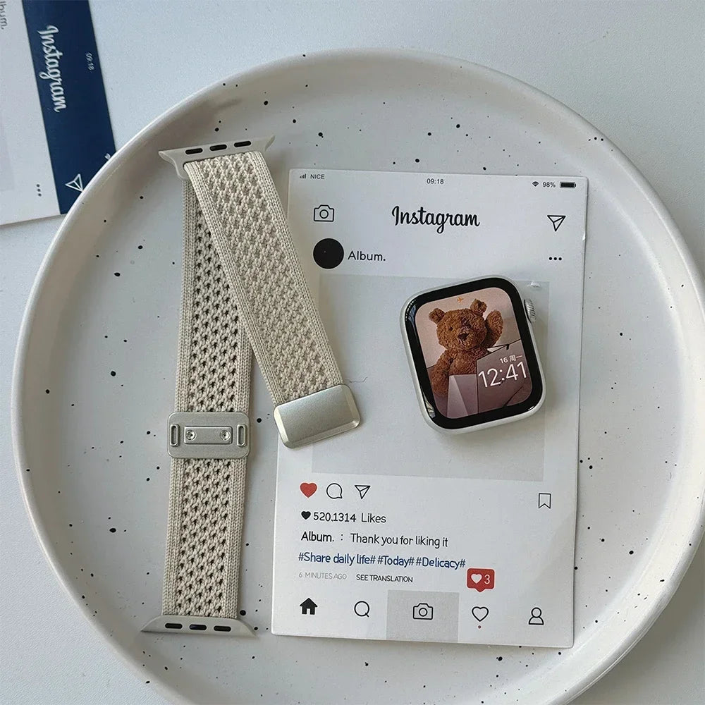 Nylon Magnetic Band for Apple Watch 45mm 41mm 44 40mm Series 10 46mm 42mm Soft Bracelet for IWatch Ultra 49mm 9 7 8 6 5 4 Strap