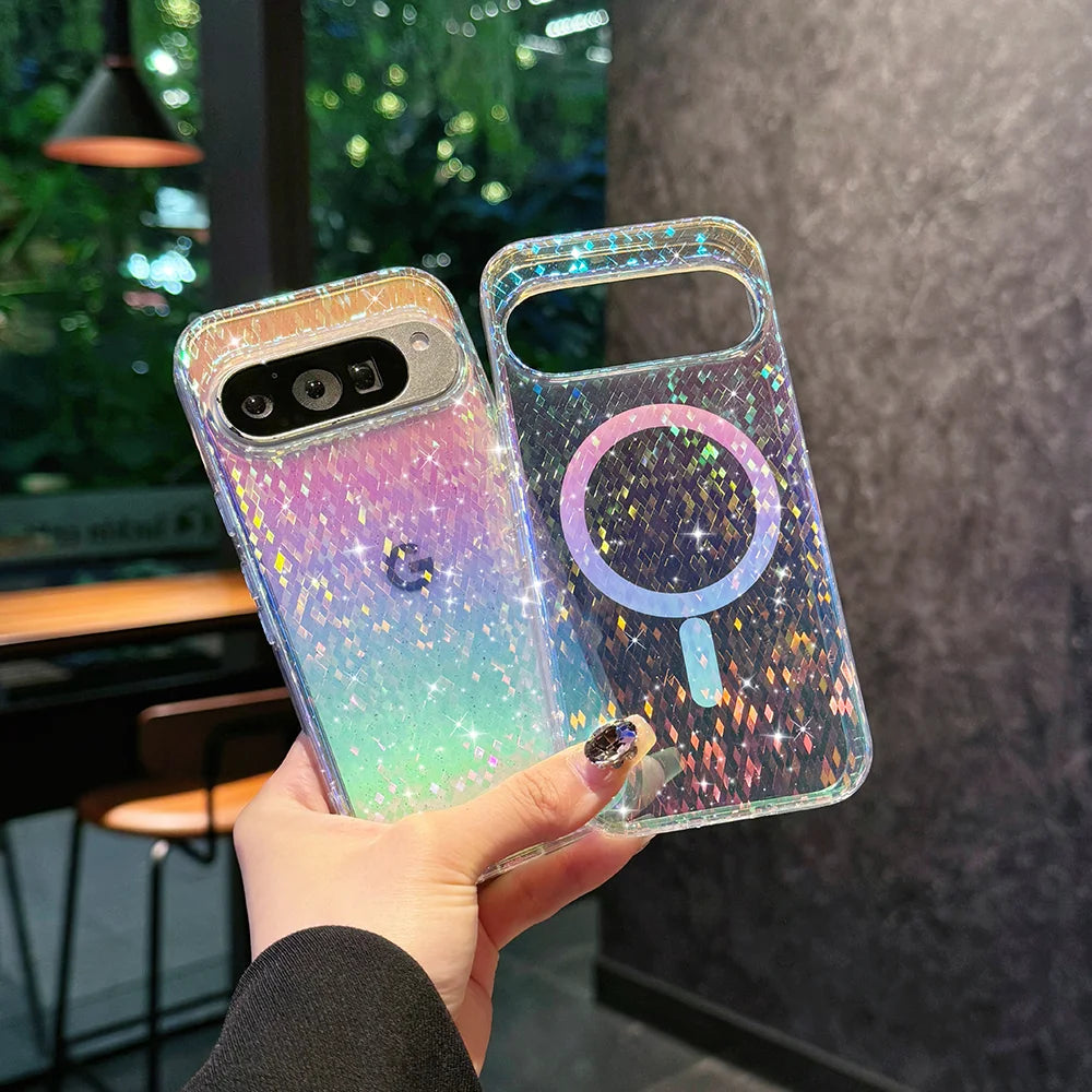 Luxury Laser Glitter Phone Case For Google Pixel 9 10 Pro XL 9A 9pro For Magsafe Magnetic Shockproof Bumper Hard Cover Funda