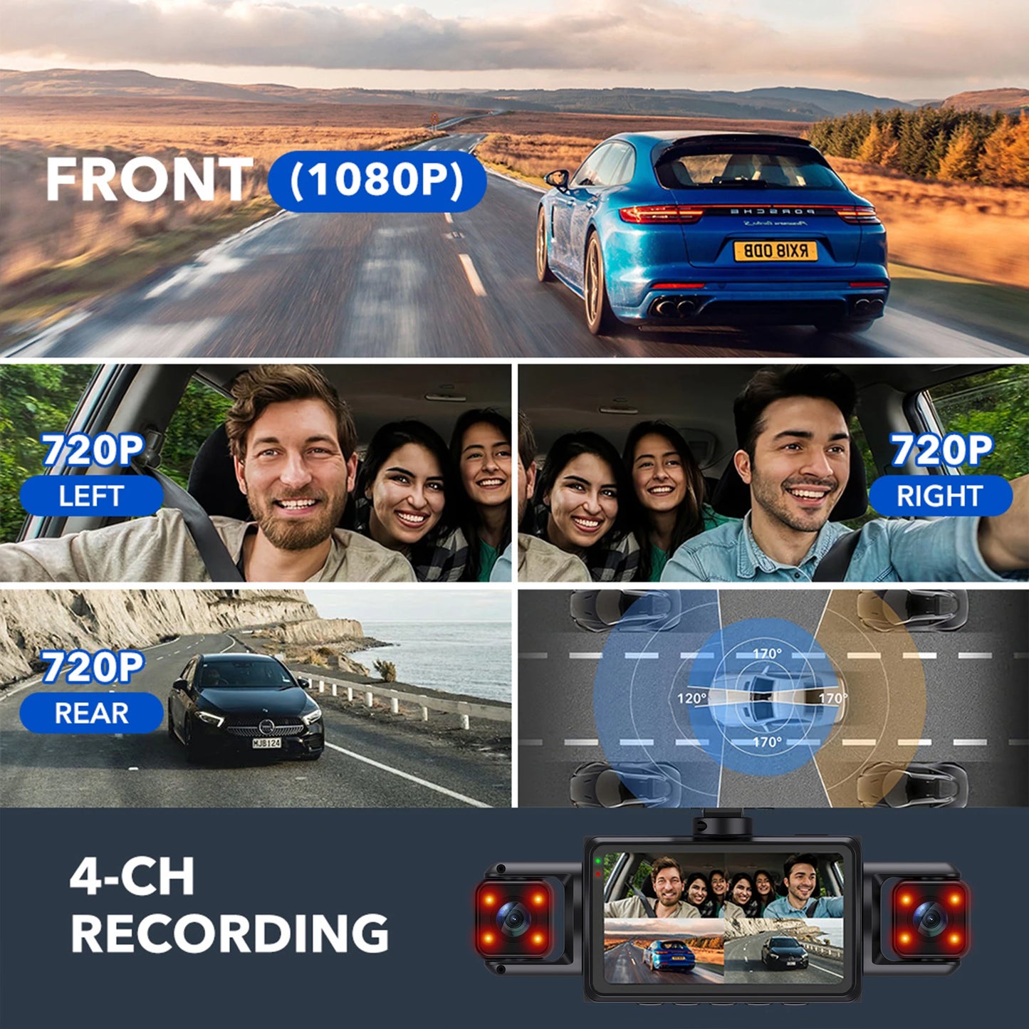 4Ch WiFi Dashcam car camera Black Box Driving DVR FHD 1080P Front Left Right Rear Night Vision Loop Recording Hardwire kit