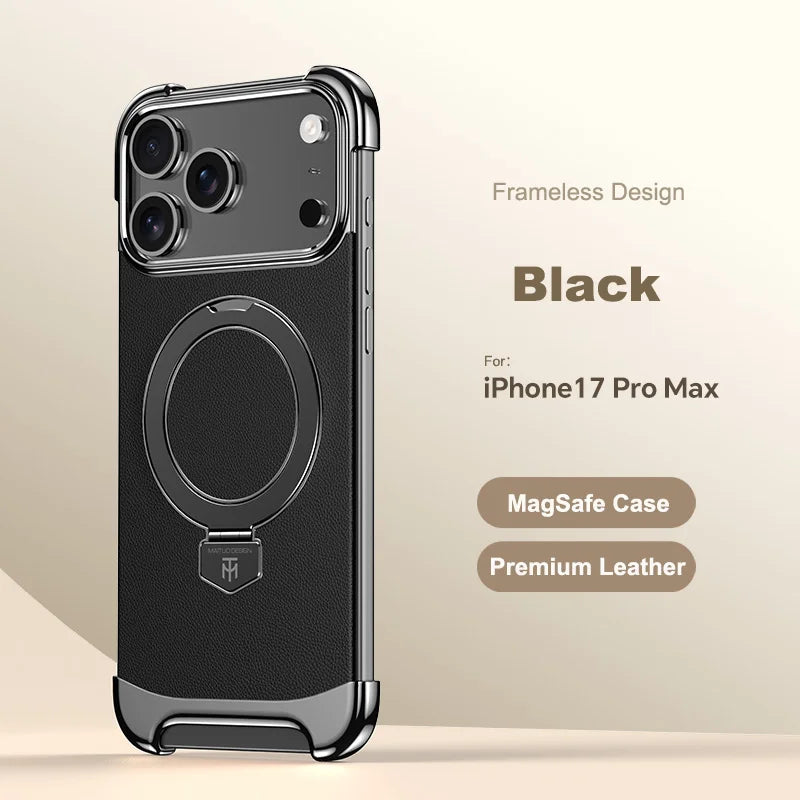 Luxury Leather Ultra Thin Frameless Magnetic Case For iPhone 17 16 15 14 13 Pro Max 17Air 17Pro Metal Bracket Anti-Drop Bumper
