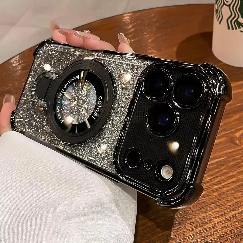Plating for Magsafe Glitter Bracket Case for iPhone 17 16 15 Pro Max 14 Plus Air 11 12 13 Gradient Stand Airbag Shockproof Cover