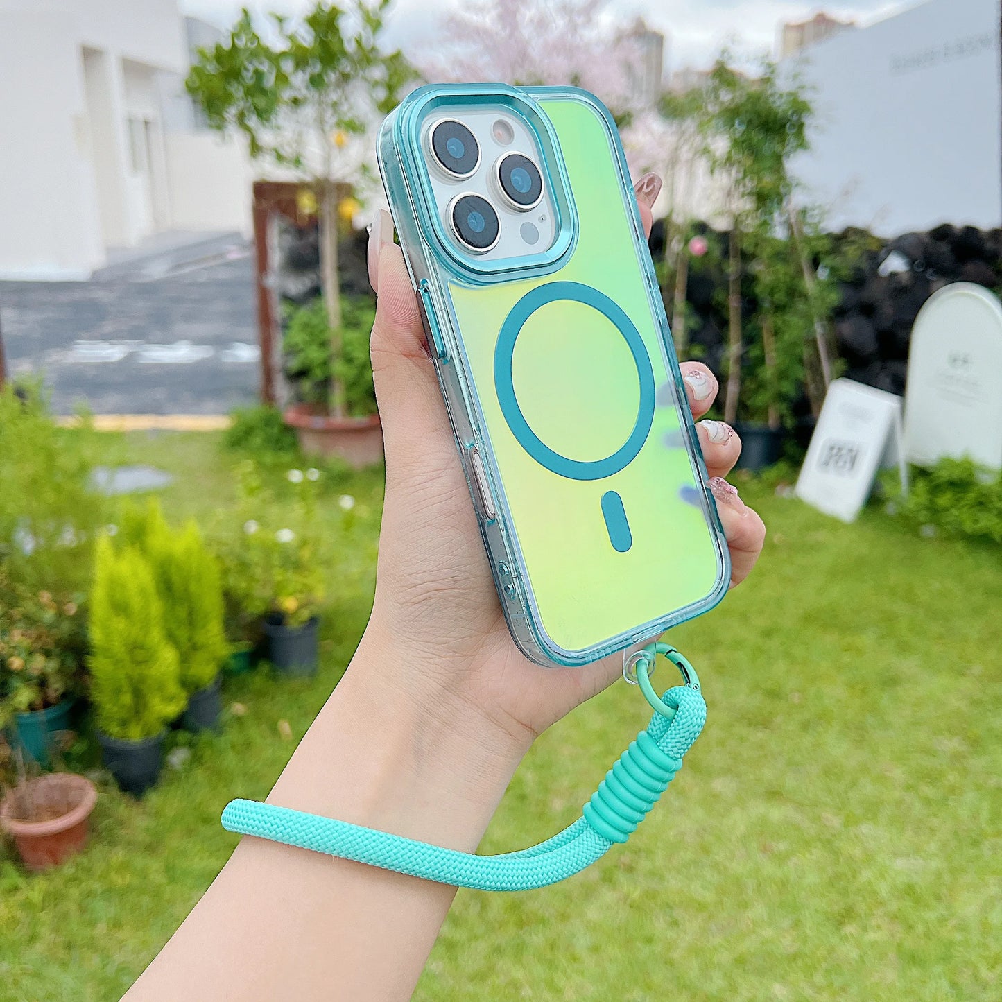 Fashion Laser Gradient Magnetic Lanyard Shockproof Case for iPhone 17 Air 16 15 14 13 11 12 Pro Max Plus E For Magsafe Cover