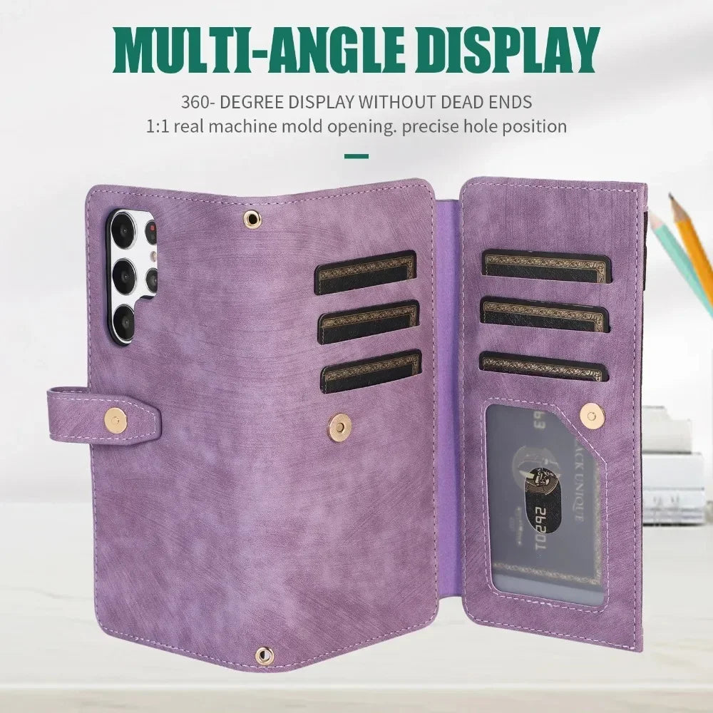 Phone Case for Samsung Galaxy S23 S24 FE S25 Ultra Edge S22 Plus A16 A06 A26 A36 A56 A15 A35 A55 Cover Zipper Wallet Crossbody