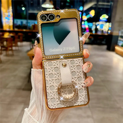 Leather Plating  Ring Phone Case For Samsung Galaxy Z Flip 7 6 Flip 5 Zflip 4 3 Bling Diamond Shockproof Cover Funda
