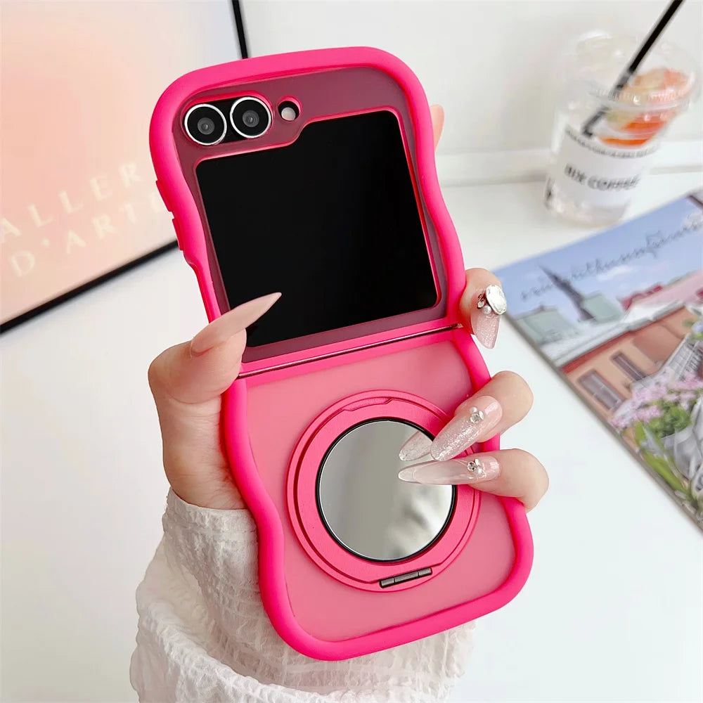 Matte Wave Magnetic Stand Phone Case For Samsung Z Flip 7 6 5 4 3 flip6 zflip6 flip5 Luxury Rotation Fold Bracket Frosted Cover