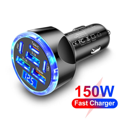 150W 6/8 Ports Car Charger Fast Charging PD QC3.0 USB C Car Phone Charger Type C Adapter in Car For iPhone Samsung Huawei Xiaomi