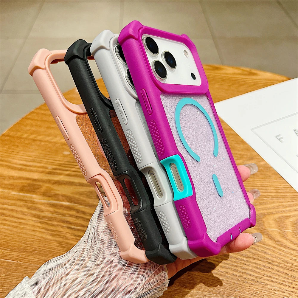 Shockproof Glitter Clear Magnetic Armor Case for iPhone 17 Air 16 15 14 Plus 13 11 12 Pro Max for Magsafe Transparent Back Cover
