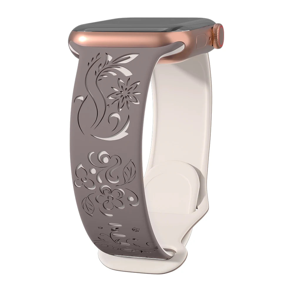 Silicone Band For Apple Watch Strap 49mm 44mm 46mm 40mm 41mm 42mm 45mm Flower Engraved Bracelet iWatch Series Ultra 10 9 6 5 se