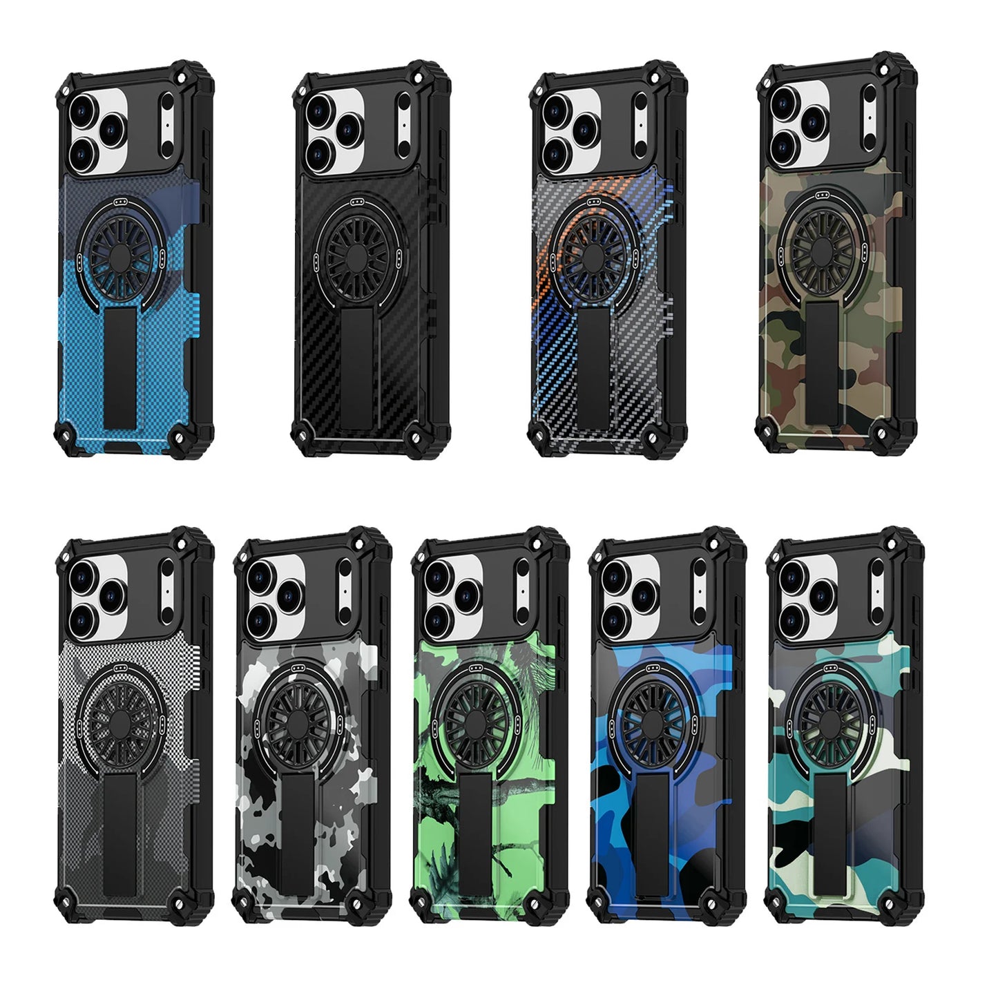 Camouflage Army Green Carbon Magnetic Phone Case Stand For Magsafe iPhone 16 15 PM 14 Plus 13 12 Pro Max 11 16e Protection Cover