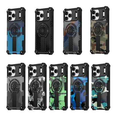 Camouflage Army Green Carbon Magnetic Phone Case Stand For Magsafe iPhone 16 15 PM 14 Plus 13 12 Pro Max 11 16e Protection Cover