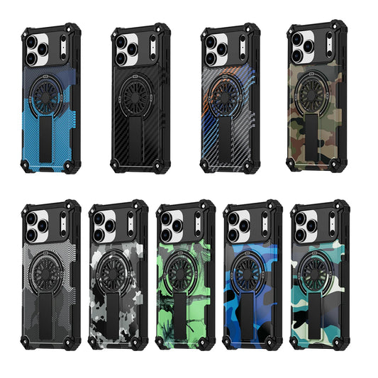 Camouflage Army Green Carbon Magnetic Phone Case Stand For Magsafe iPhone 16 15 PM 14 Plus 13 12 Pro Max 11 16e Protection Cover