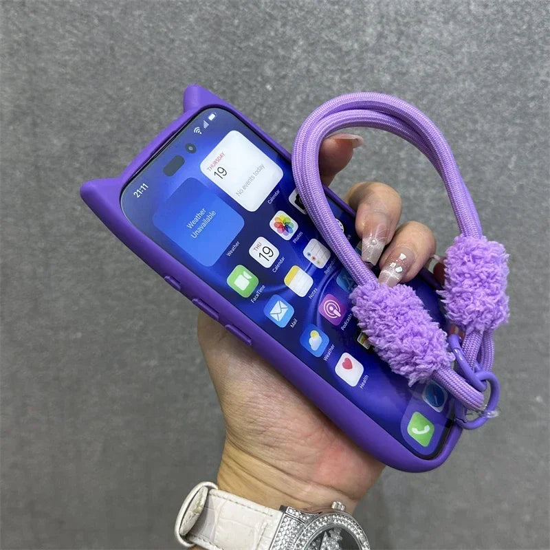 3D Cat Ear Cute Lanyard Magnetic Transparent Case For iPhone 16 15 14 13 12 ProMax Plus 11 Wristband Clear Magsafe Cover