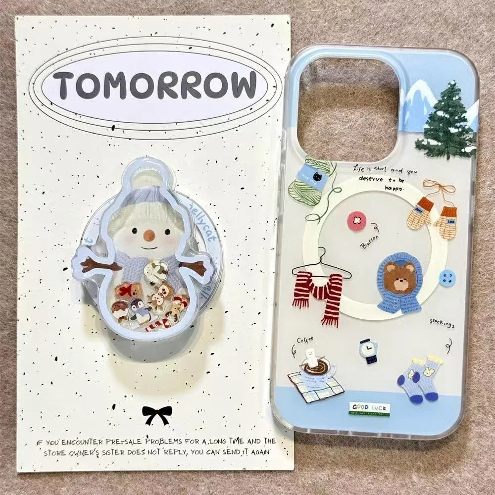 Cute Christmas 3D Snowman Quicksand Cartoon for Magsafe Griptok Holder Phone Finger Ring Stand Support for IPhone17 Girl Bracket