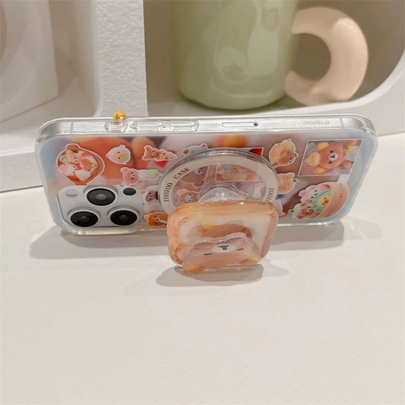 Funny Toast Dessert Bear Small Bell Magsafe Wireless Charge Case For iPhone 13 14 15 16 Pro Max Toast Rotate Bear Magnetic Stand