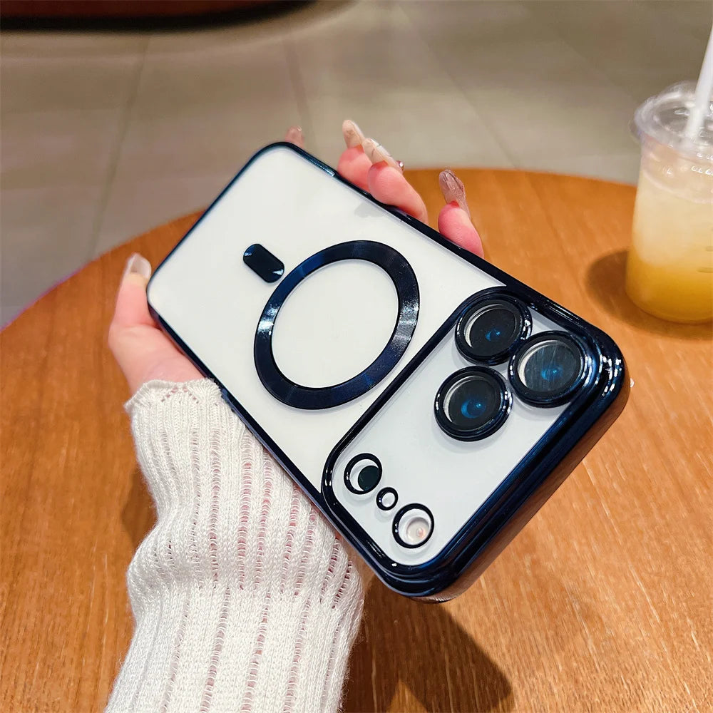 Luxury Plating Clear Case For iPhone 17 Air 16 15 14 13 12 11 17 Pro Max Shockproof Transparent Magnetic For Magsafe Lens Cover