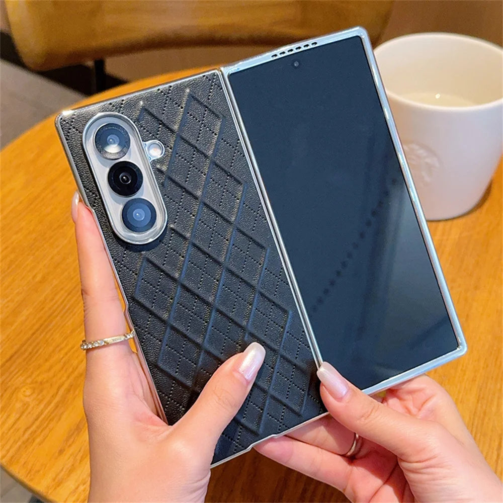 Luxury Lattice Leather Plating Phone Case For Samsung Z Fold 7 6 5 4 3 2 5G Shockproof Bumper Protection Solid Color Back Cover