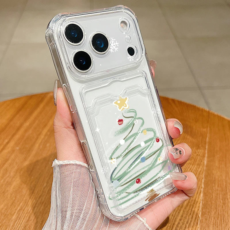 Santa Claus Card Slot Bag Clear Phone Case For iPhone Air 16e 17 16 15 14 13 Pro Max 11 12 17 Christmas Tree Soft Silicone Cover