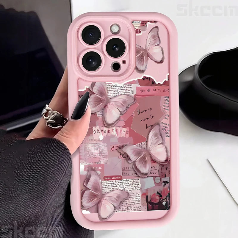 Pink Cute Butterfly Silicone Soft Phone Case For iPhone 16 16E 15 14 13 12 11 Pro Max XS XR X 7 8 Plus Shockproof Candy Cover
