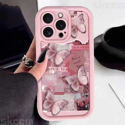 Pink Cute Butterfly Silicone Soft Phone Case For iPhone 16 16E 15 14 13 12 11 Pro Max XS XR X 7 8 Plus Shockproof Candy Cover