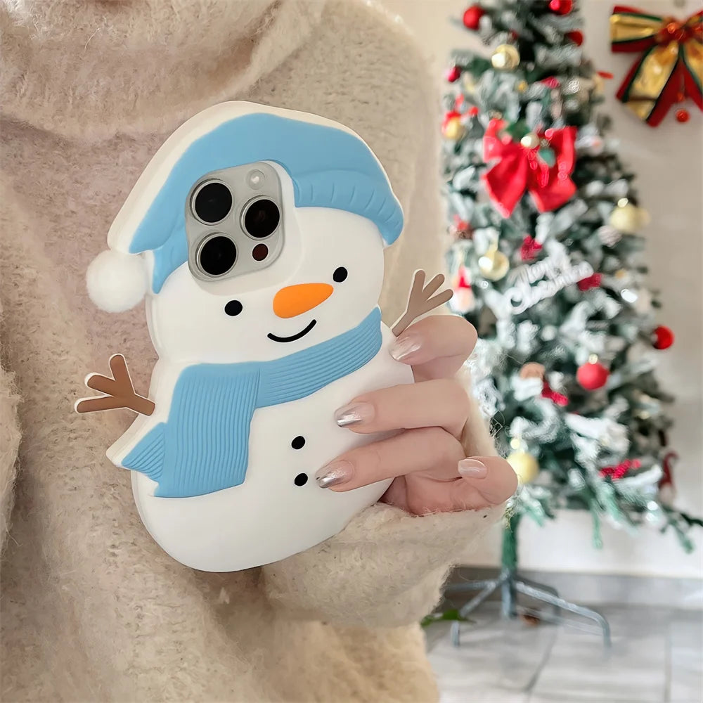 Soft Silicone Cartoon Cute Christmas 3D Snowman Shockproof Phone Case for IPhone16 15 14 13 12ProMax Anti-drop Shockproof Cover