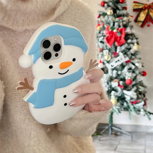 Soft Silicone Cartoon Cute Christmas 3D Snowman Shockproof Phone Case for IPhone16 15 14 13 12ProMax Anti-drop Shockproof Cover