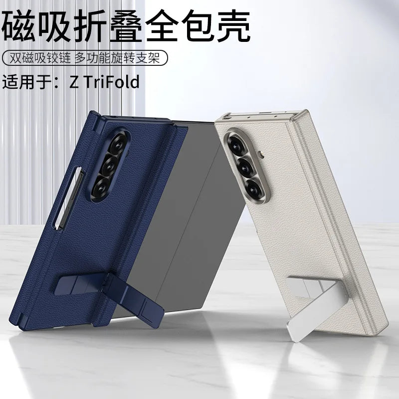 For Samsung Z Tri-Fold Phone Case TRIFOLD Dual Hinge Magnetic + Rotating Stand Z TRI-FOLD Leather Full Coverage Protection Cover