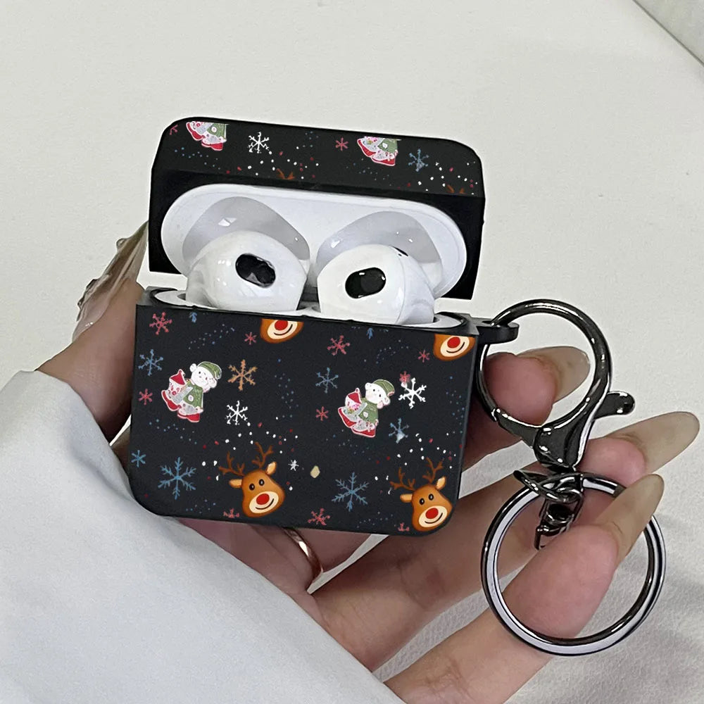 Christmas Reindeer Snowman Black Case for Apple AirPods 1/2, 3, 4, AirPods Pro2/Pro Wireless Bluetooth Earphone Protective Cover
