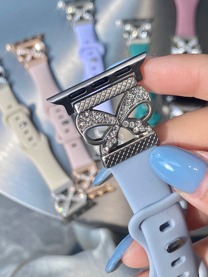 Luxury Diamond Bowknot Silicone Strap For Apple Watch S10 9 8 7 6 SE 5 4 3 46/45/44/42/41/40/38mm IWatch Ultra 2 49mm